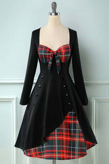 Robe plaid des années 1950 à manches longues
